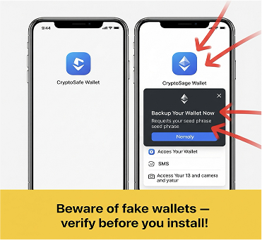Fake Crypto wallet app with caption that says Beware of fake wallets – verify before you install!