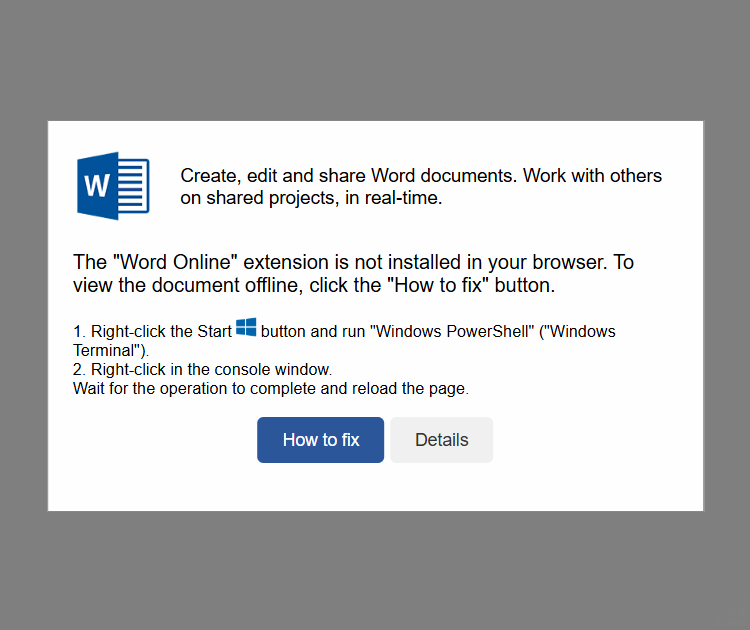 ClickFix Spoof of “Word Online” Used to Spread DarkGate Malware 2 Indicates a problem with the installed browser extension.
